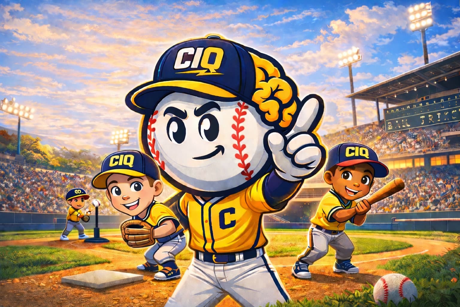 CutoffIQ mascot characters on baseball field